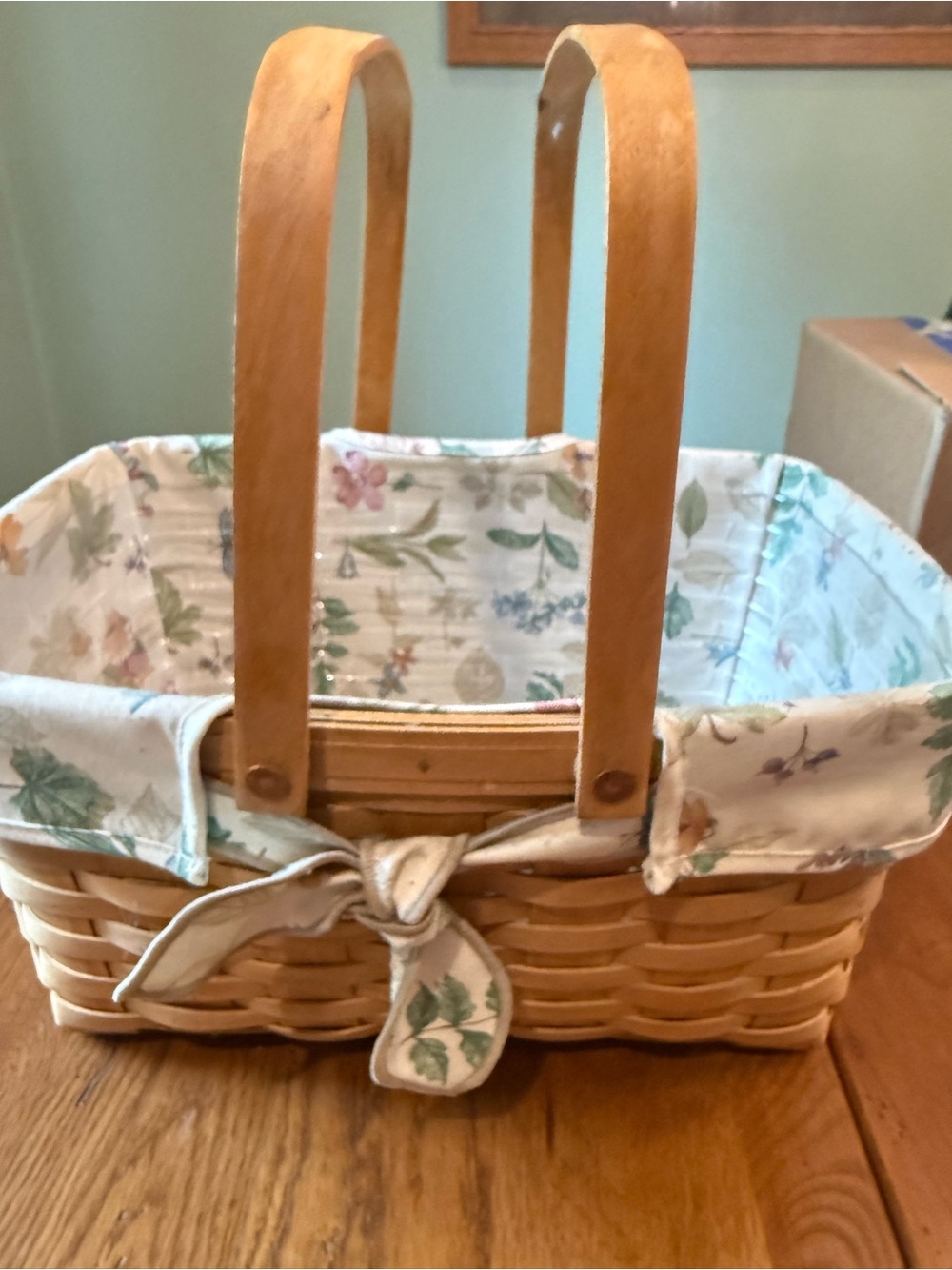 Longaberger Tan Woven Basket with Floral Liner and Double Handles